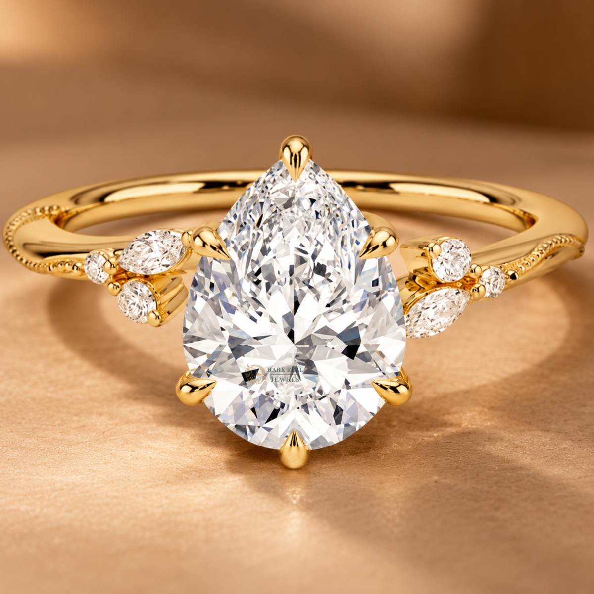 Pear Cut Engagement Ring with Side Stones, Unique Bridal Ring, Vintage Inspired Promise Ring
