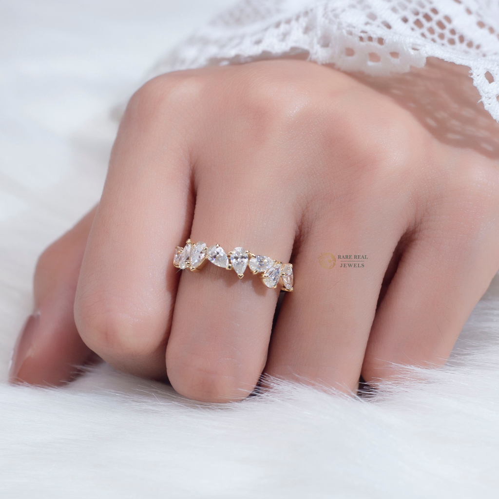 Pear Marquise Diamond Band Ring, Mixed Cut Eternity Ring, Curved Wedding Band, Dainty Anniversary Ring, Unique Stackable Ring for Her
