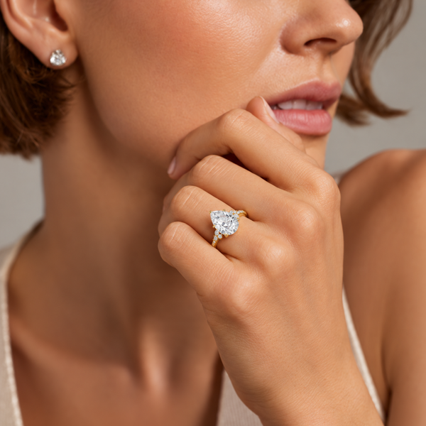 Pear Cut Engagement Ring with Side Stones, Unique Bridal Ring, Vintage Inspired Promise Ring