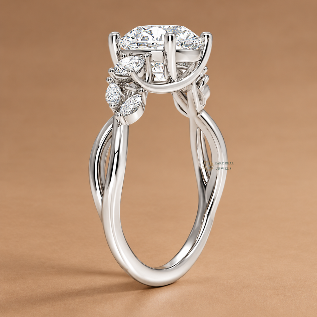 Round Cut Three Stone Engagement Ring with Twisted Band