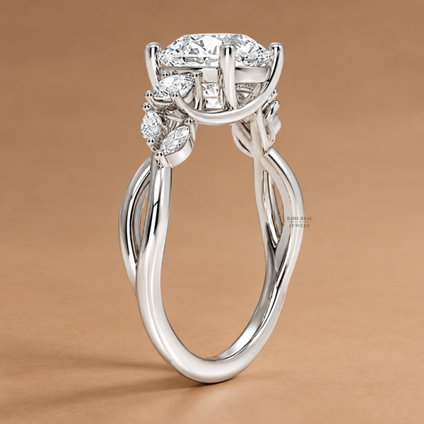 Round Cut Three Stone Engagement Ring with Twisted Band
