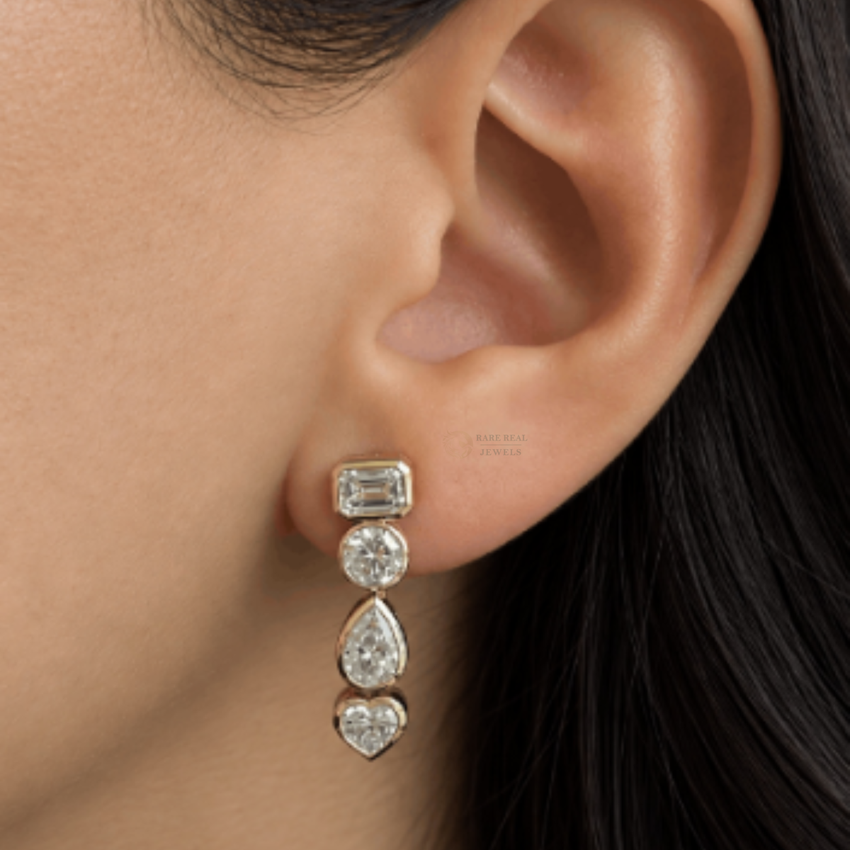 Multi Shape Diamond Drop Earrings, Emerald Pear Heart Round Dangle Earrings, Gold Statement Jewelry, Elegant Gift for Her