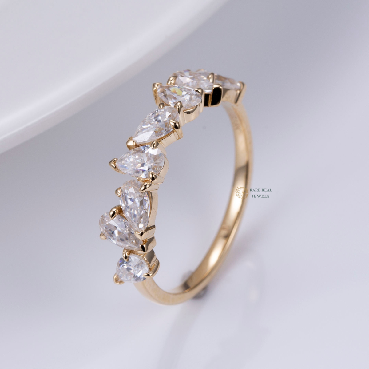 Pear Marquise Diamond Band Ring, Mixed Cut Eternity Ring, Curved Wedding Band, Dainty Anniversary Ring, Unique Stackable Ring for Her