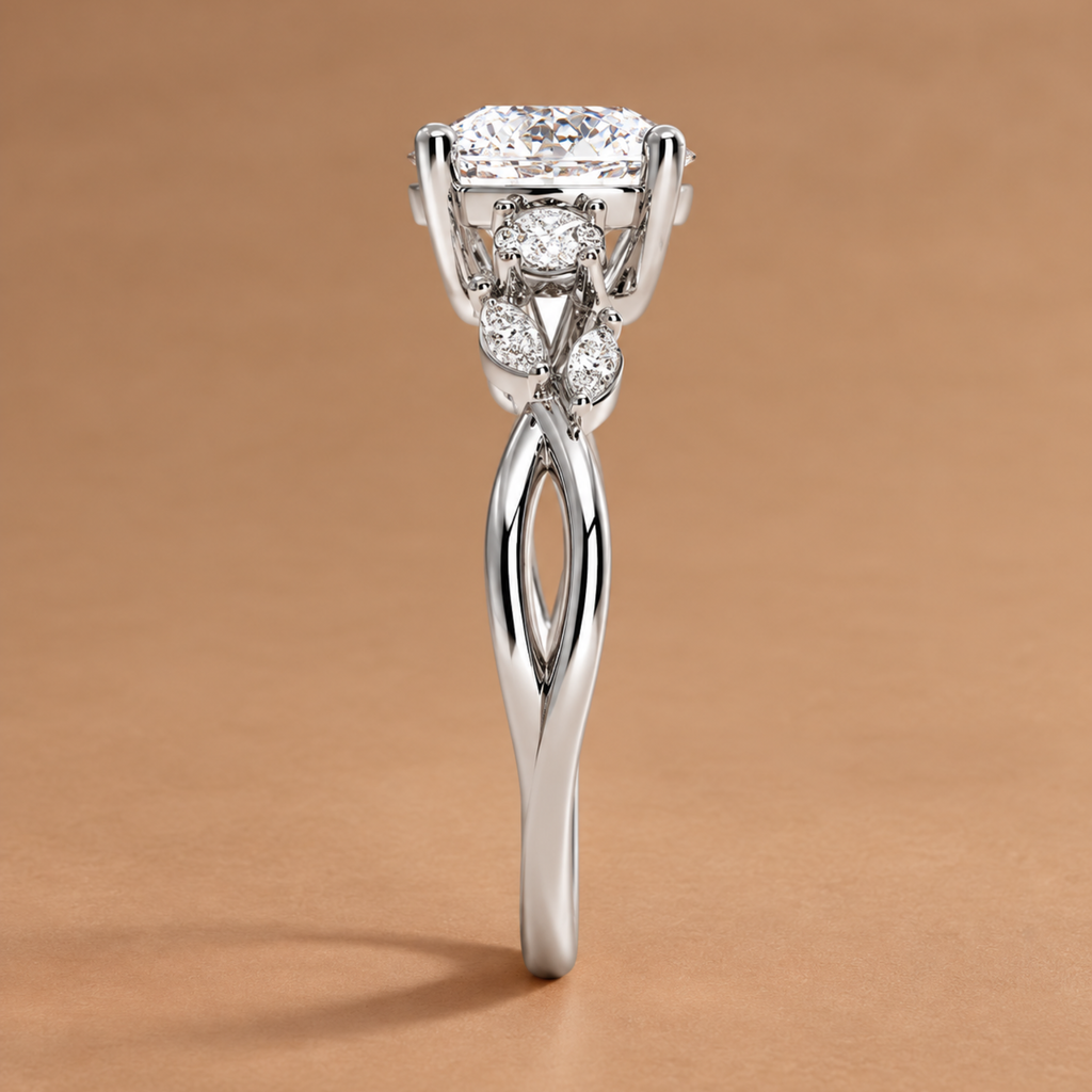 Round Cut Three Stone Engagement Ring with Twisted Band