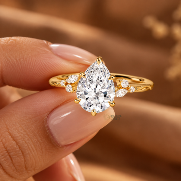 Pear Cut Engagement Ring with Side Stones, Unique Bridal Ring, Vintage Inspired Promise Ring