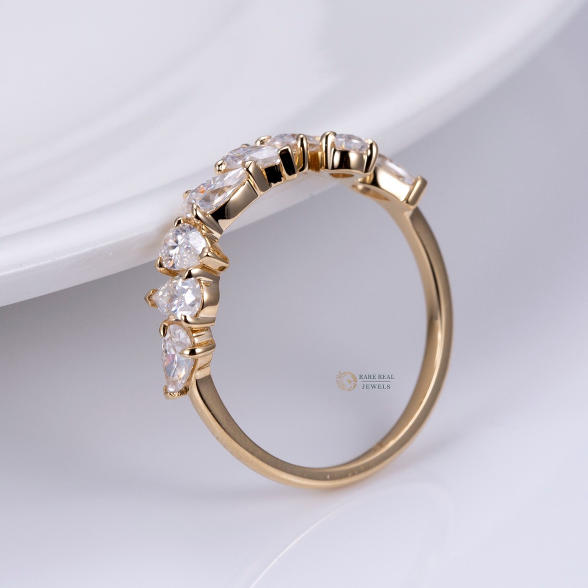 Pear Marquise Diamond Band Ring, Mixed Cut Eternity Ring, Curved Wedding Band, Dainty Anniversary Ring, Unique Stackable Ring for Her