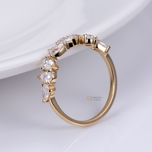 Pear Marquise Diamond Band Ring, Mixed Cut Eternity Ring, Curved Wedding Band, Dainty Anniversary Ring, Unique Stackable Ring for Her