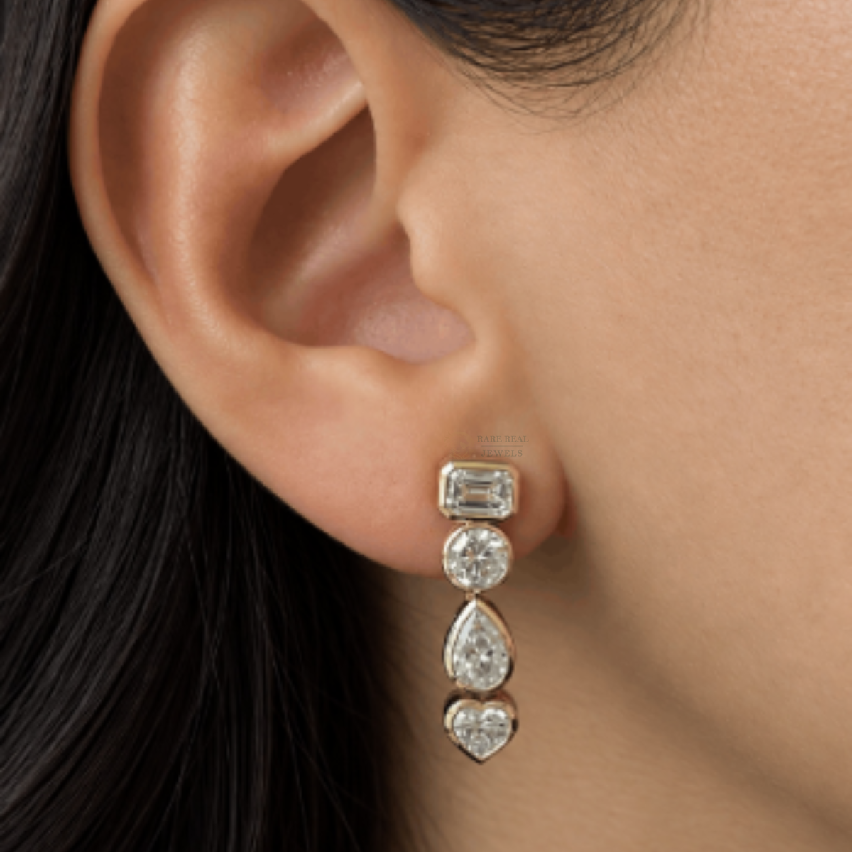 Multi Shape Diamond Drop Earrings, Emerald Pear Heart Round Dangle Earrings, Gold Statement Jewelry, Elegant Gift for Her