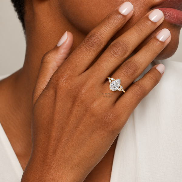 Pear Cut Engagement Ring with Side Stones, Unique Bridal Ring, Vintage Inspired Promise Ring