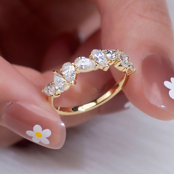 Pear Marquise Diamond Band Ring, Mixed Cut Eternity Ring, Curved Wedding Band, Dainty Anniversary Ring, Unique Stackable Ring for Her