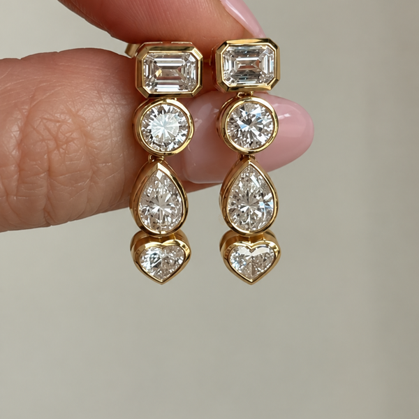 Multi Shape Diamond Drop Earrings, Emerald Pear Heart Round Dangle Earrings, Gold Statement Jewelry, Elegant Gift for Her