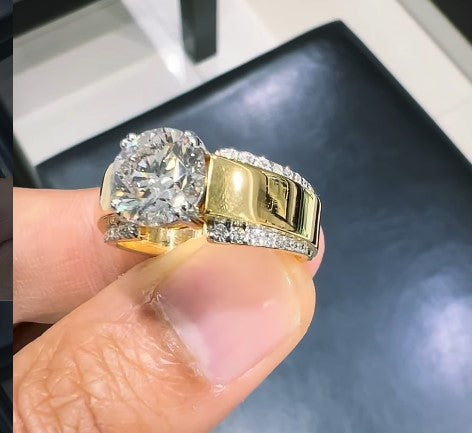 3.00CT Round Lab Diamond Men's Ring, Yellow Gold Statement Wedding Band Secondary image