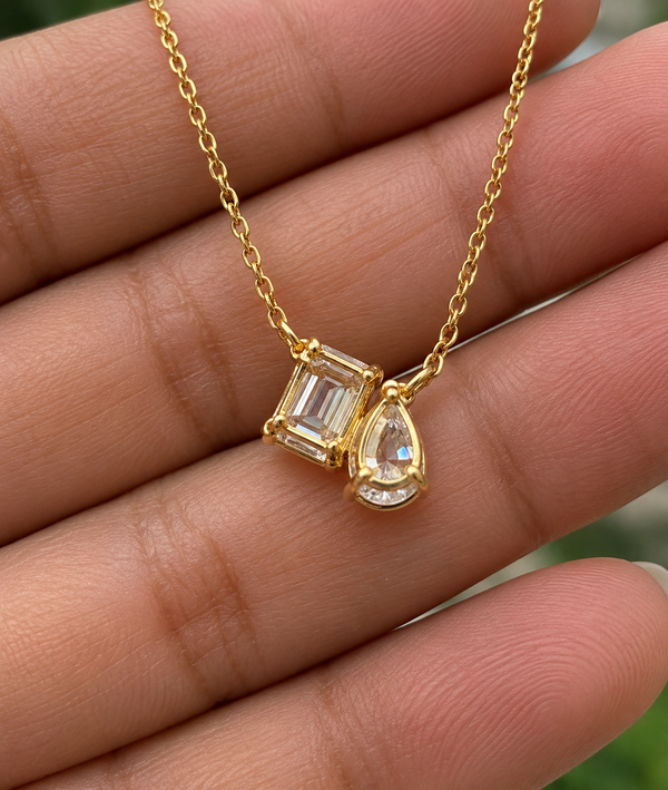 Emerald & Pear Cut Lab Grown Diamond Necklace, Two Stone Diamond Pendant, Yellow Gold Minimalist Necklace For Her