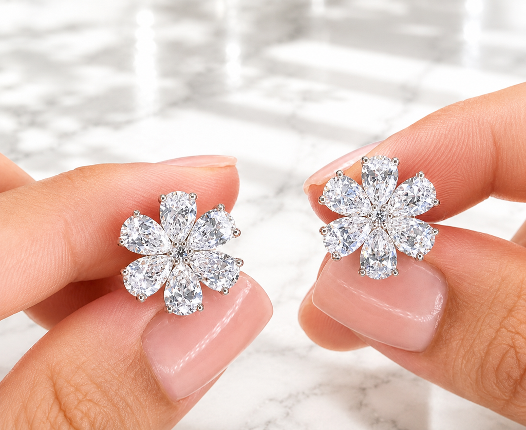 Flower Lab Grown Diamond Stud Earrings, Pear Cut Floral Cluster Earrings, White Gold Diamond Earrings Gift For Her