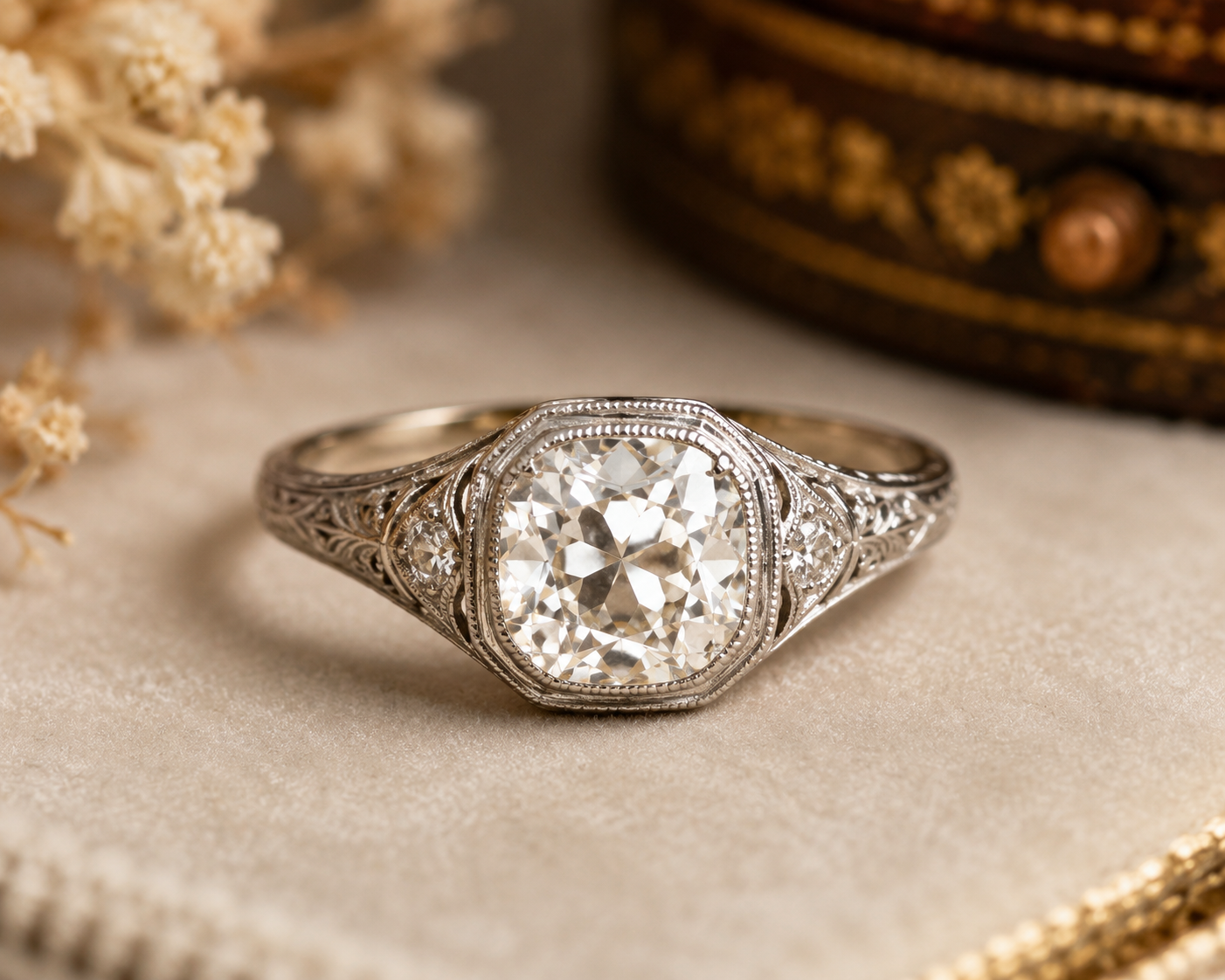 Cushion Cut Diamond Engagement Ring, Vintage Inspired Gold Ring, Lab Grown Diamond Ring, Antique Style Bridal Ring, Luxury Jewelry Secondary image