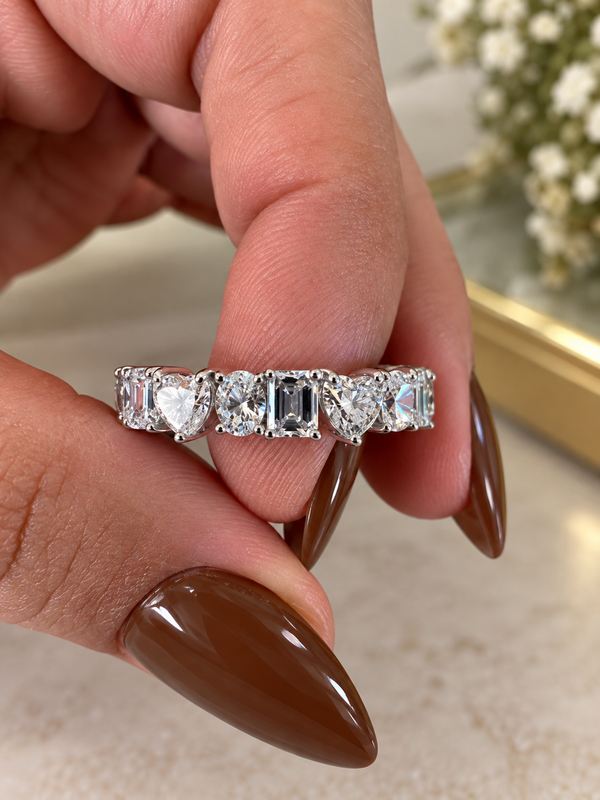 Mixed Shape Diamond Eternity Band, Lab Grown Diamond Wedding Ring, Emerald Heart Round Anniversary Band for Her