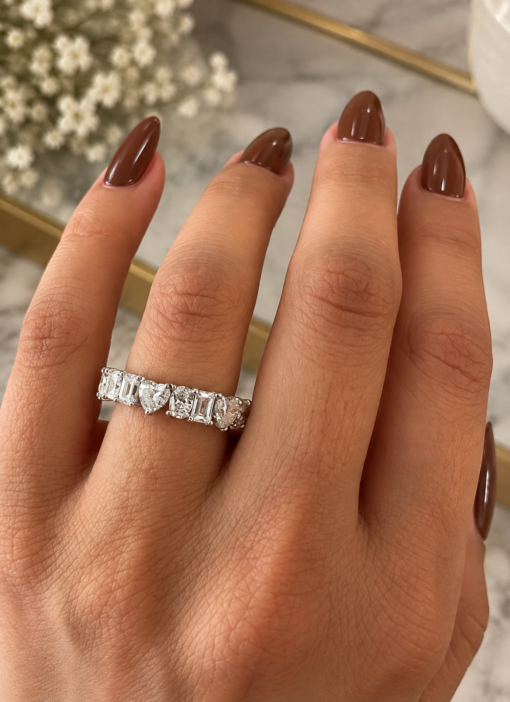 Mixed Shape Diamond Eternity Band, Lab Grown Diamond Wedding Ring, Emerald Heart Round Anniversary Band for Her