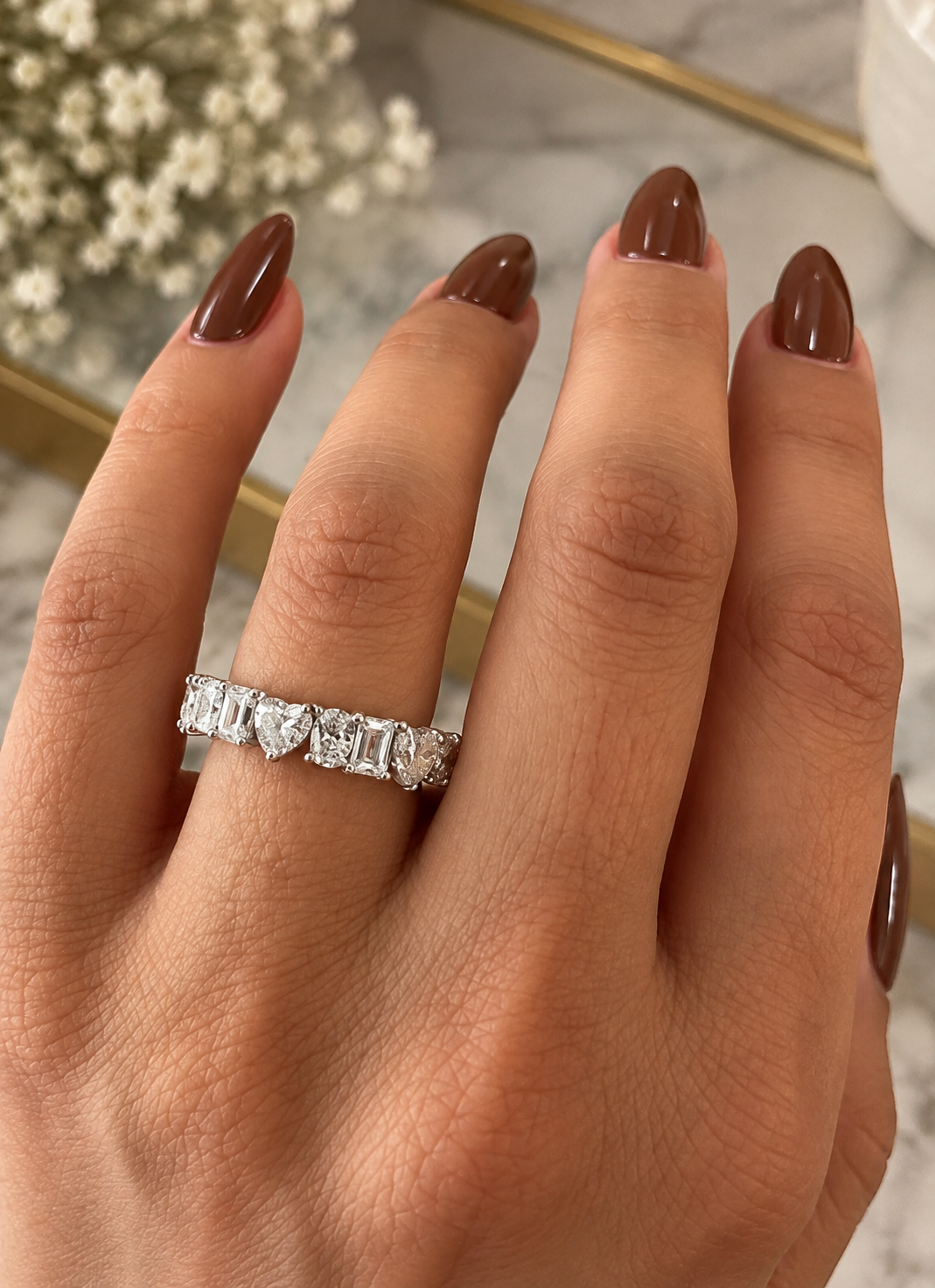 Mixed Shape Diamond Eternity Band, Lab Grown Diamond Wedding Ring, Emerald Heart Round Anniversary Band for Her