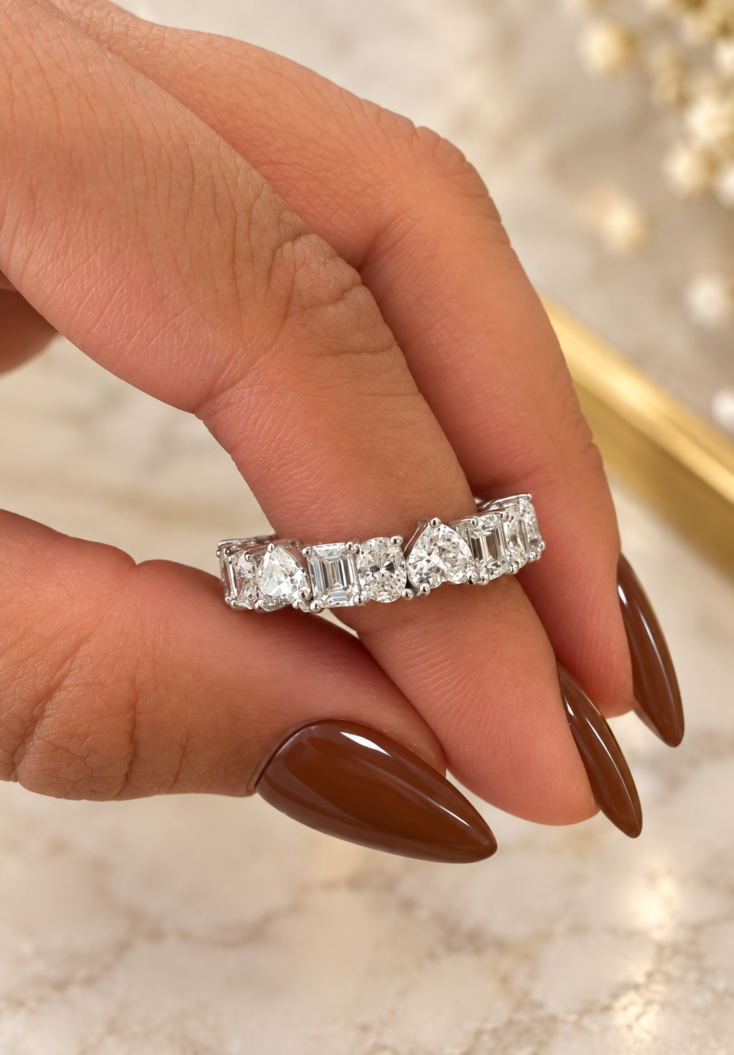 Mixed Shape Diamond Eternity Band, Lab Grown Diamond Wedding Ring, Emerald Heart Round Anniversary Band for Her