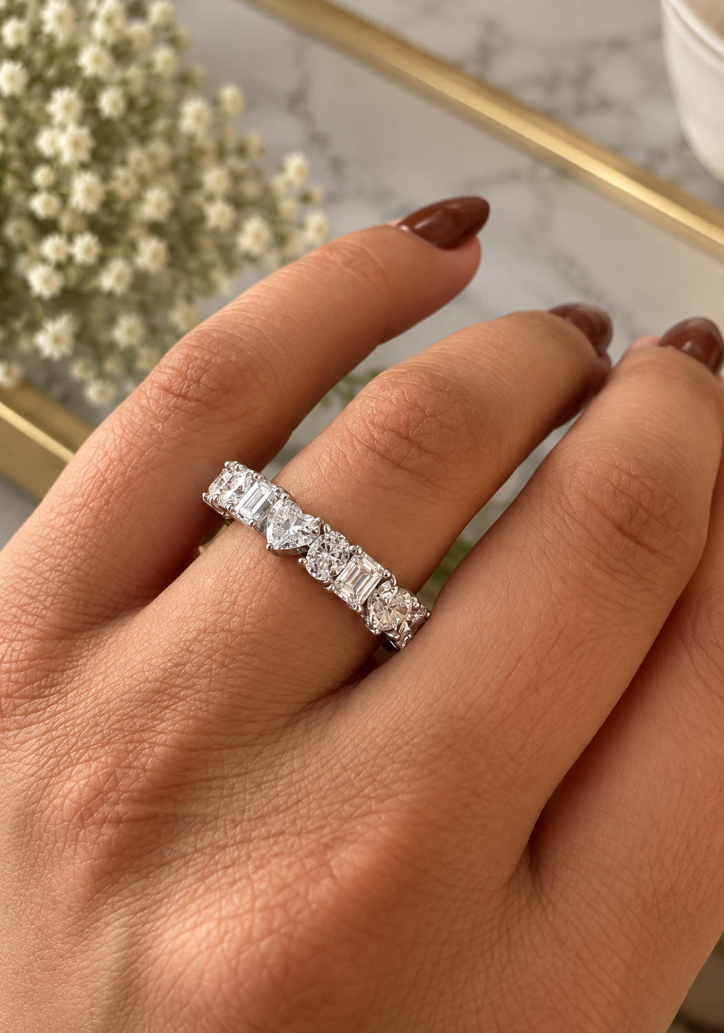 Mixed Shape Diamond Eternity Band, Lab Grown Diamond Wedding Ring, Emerald Heart Round Anniversary Band for Her