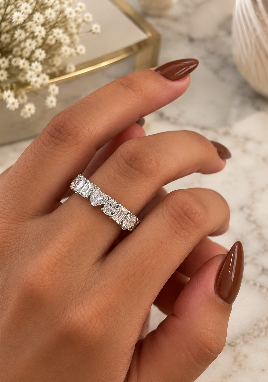 Mixed Shape Diamond Eternity Band, Lab Grown Diamond Wedding Ring, Emerald Heart Round Anniversary Band for Her