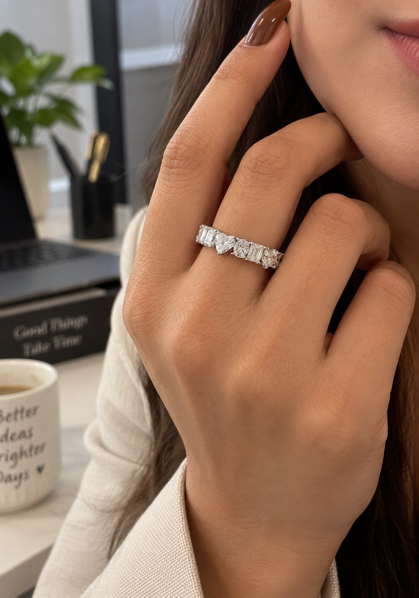 Mixed Shape Diamond Eternity Band, Lab Grown Diamond Wedding Ring, Emerald Heart Round Anniversary Band for Her