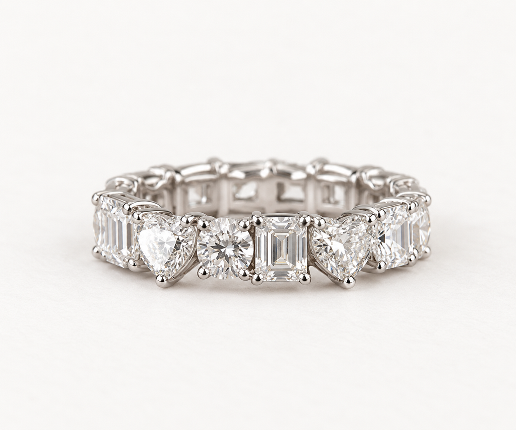 Mixed Shape Diamond Eternity Band, Lab Grown Diamond Wedding Ring, Emerald Heart Round Anniversary Band for Her