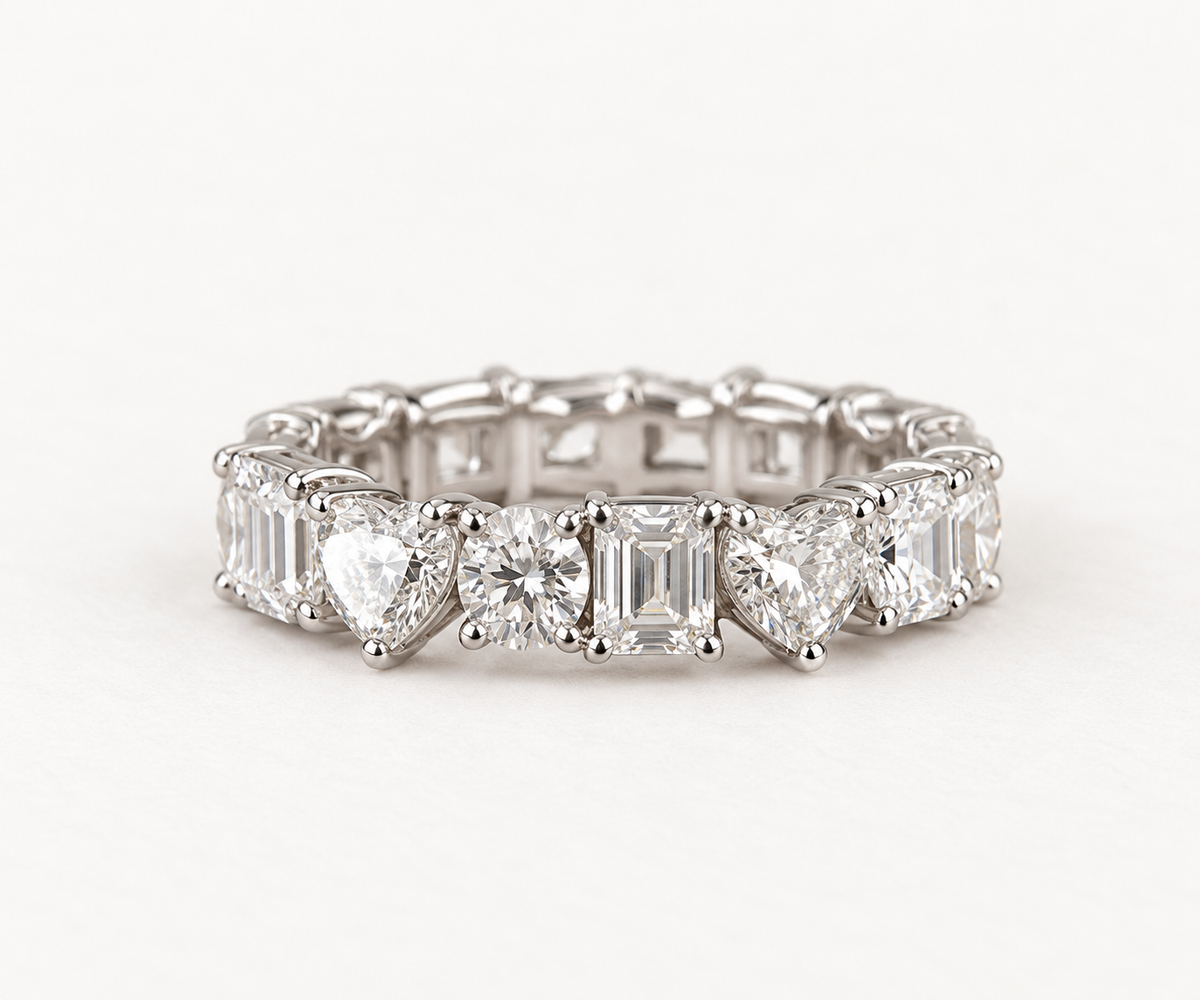 Mixed Shape Diamond Eternity Band, Lab Grown Diamond Wedding Ring, Emerald Heart Round Anniversary Band for Her