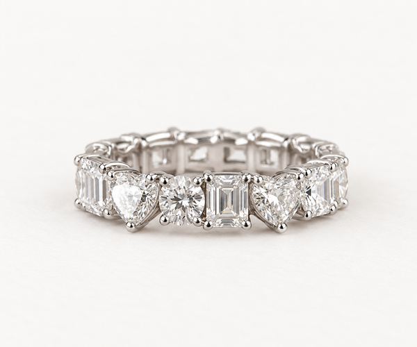 Mixed Shape Diamond Eternity Band, Lab Grown Diamond Wedding Ring, Emerald Heart Round Anniversary Band for Her