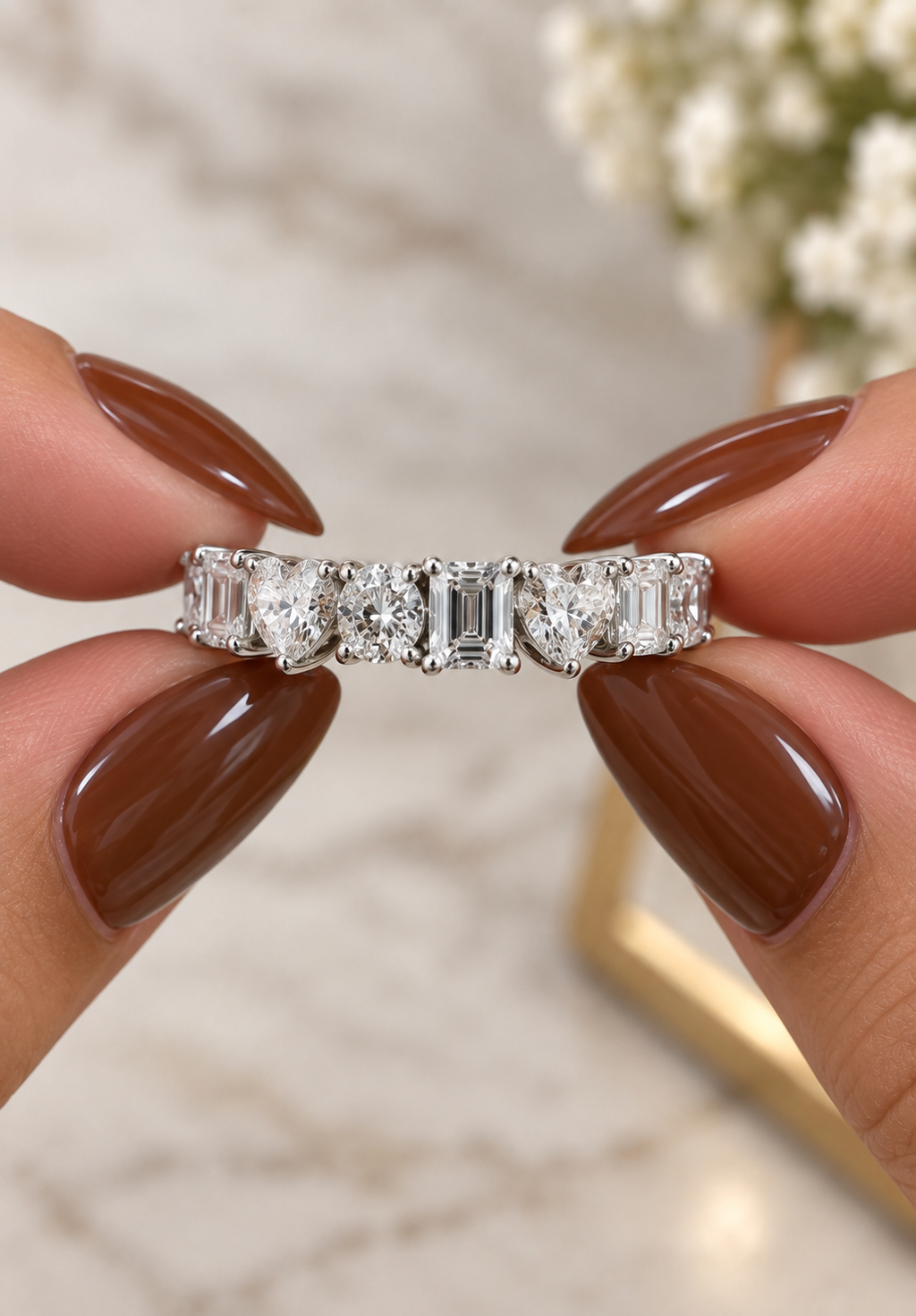Mixed Shape Diamond Eternity Band, Lab Grown Diamond Wedding Ring, Emerald Heart Round Anniversary Band for Her