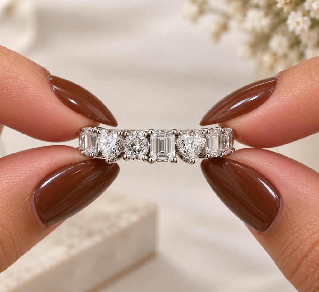 Mixed Shape Diamond Eternity Band, Lab Grown Diamond Wedding Ring, Emerald Heart Round Anniversary Band for Her