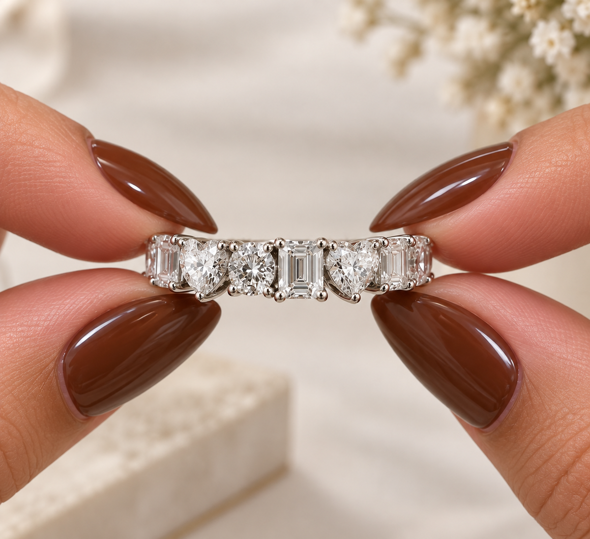 Mixed Shape Diamond Eternity Band, Lab Grown Diamond Wedding Ring, Emerald Heart Round Anniversary Band for Her