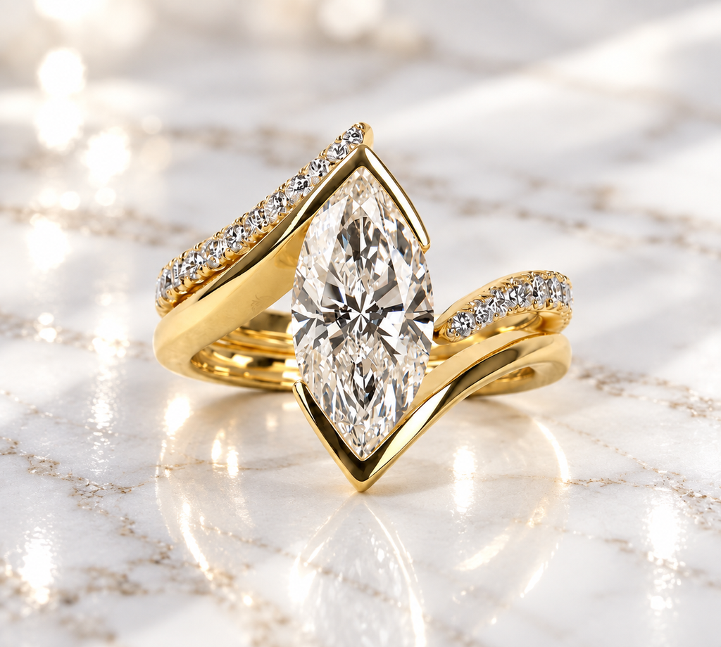 Marquise Cut Lab Grown Diamond Engagement Ring Set, Yellow Gold Bridal Ring, Wrap Wedding Band, Unique Proposal Ring