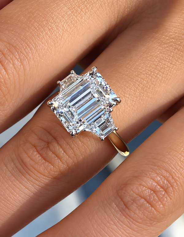 Emerald Cut Lab Grown Diamond Three Stone Engagement Ring, Yellow Gold Step Cut Diamond Ring, Bridal Ring For Her emerald cut