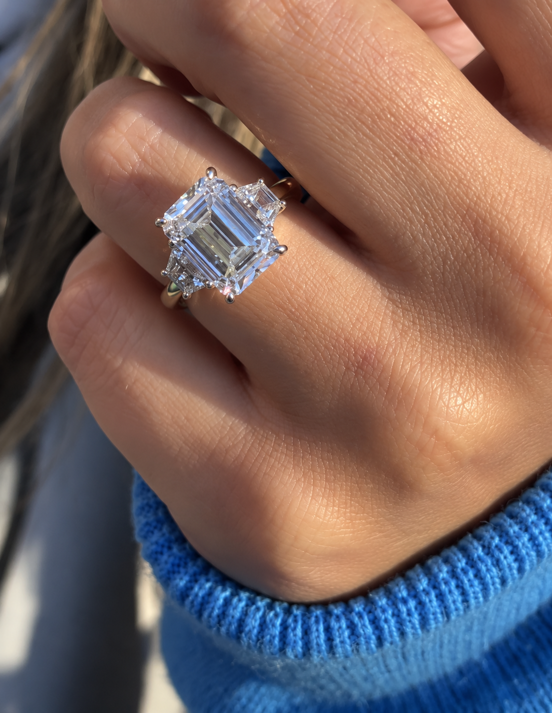 Emerald Cut Lab Grown Diamond Three Stone Engagement Ring, Yellow Gold Step Cut Diamond Ring, Bridal Ring For Her emerald cut