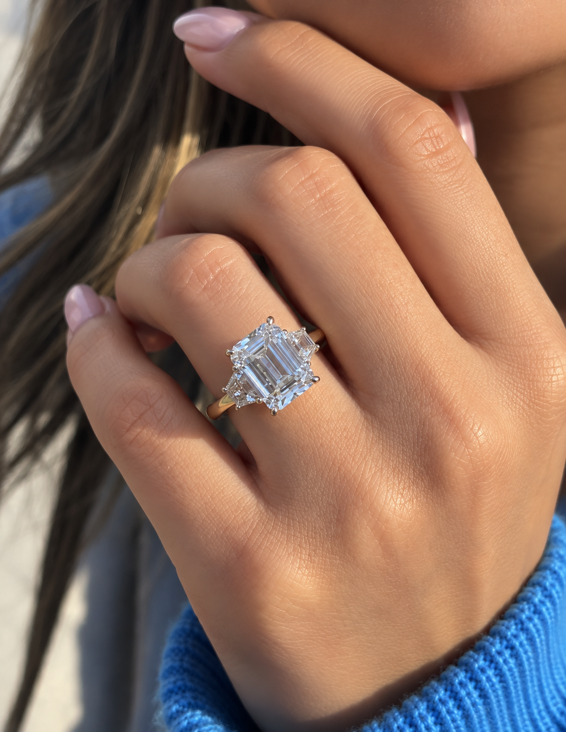 Emerald Cut Lab Grown Diamond Three Stone Engagement Ring, Yellow Gold Step Cut Diamond Ring, Bridal Ring For Her emerald cut