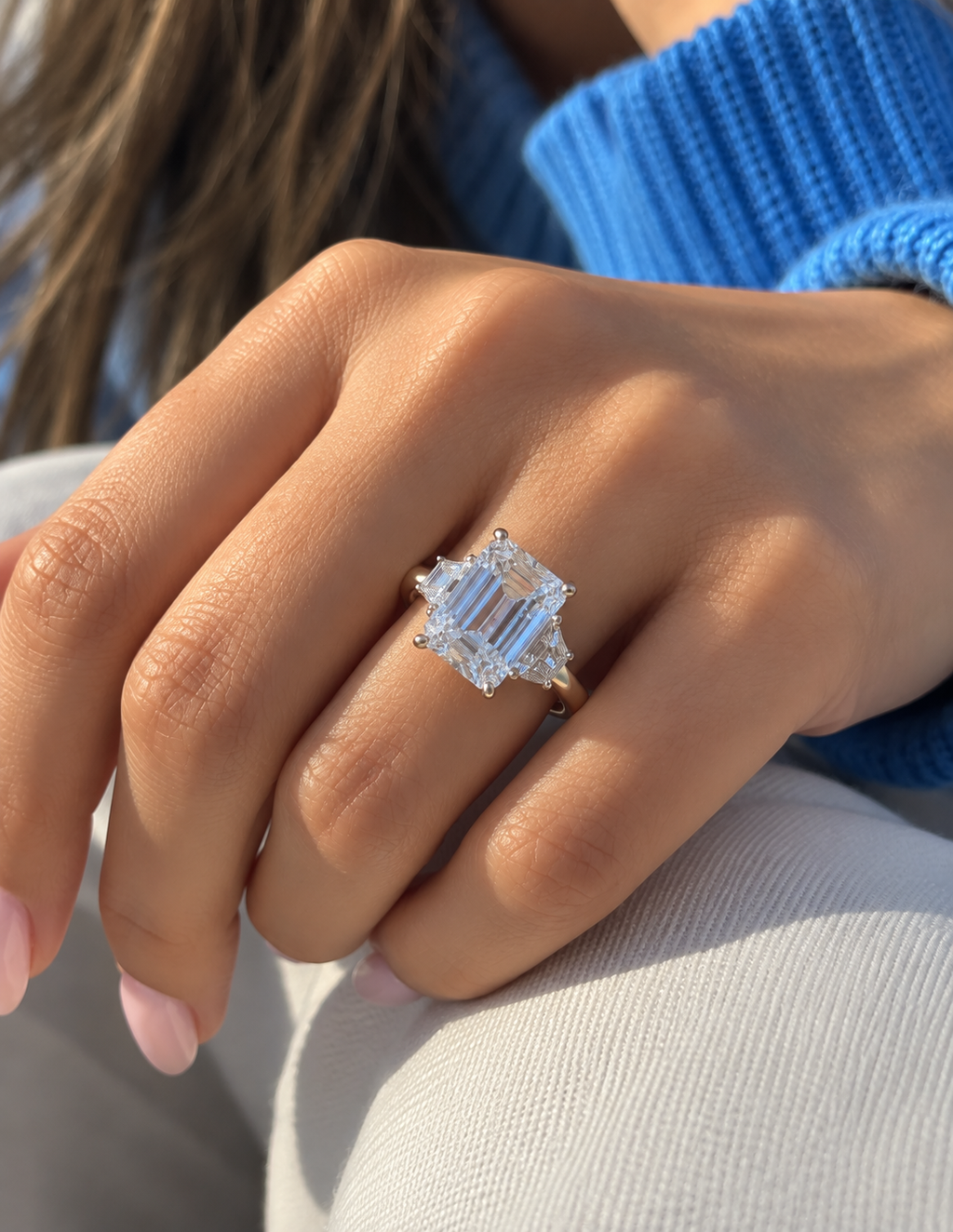 Emerald Cut Lab Grown Diamond Three Stone Engagement Ring, Yellow Gold Step Cut Diamond Ring, Bridal Ring For Her emerald cut