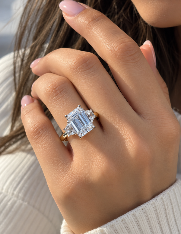 Emerald Cut Lab Grown Diamond Three Stone Engagement Ring, Yellow Gold Step Cut Diamond Ring, Bridal Ring For Her emerald cut
