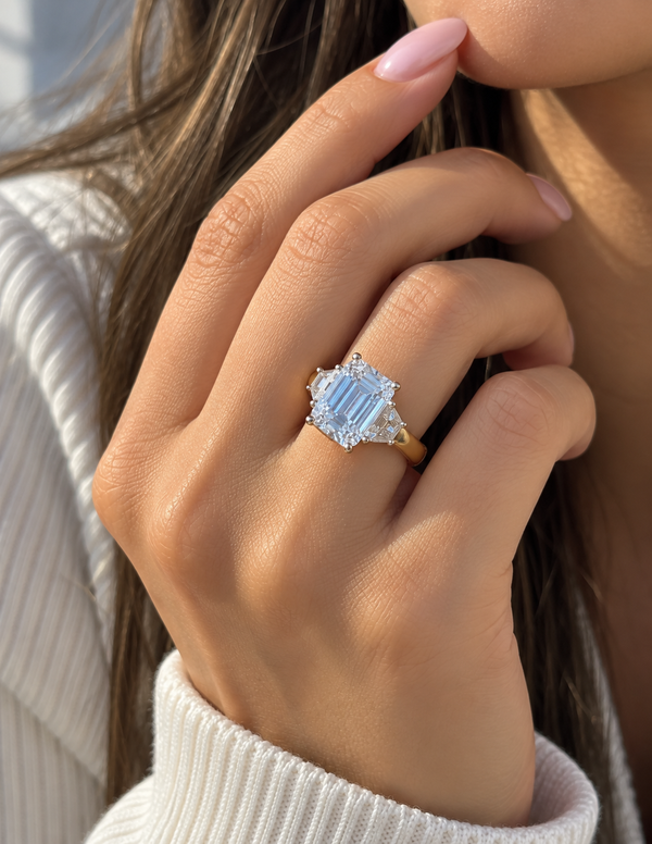 Emerald Cut Lab Grown Diamond Three Stone Engagement Ring, Yellow Gold Step Cut Diamond Ring, Bridal Ring For Her emerald cut