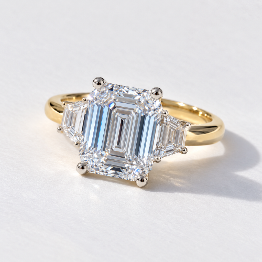 Emerald Cut Lab Grown Diamond Three Stone Engagement Ring, Yellow Gold Step Cut Diamond Ring, Bridal Ring For Her emerald cut