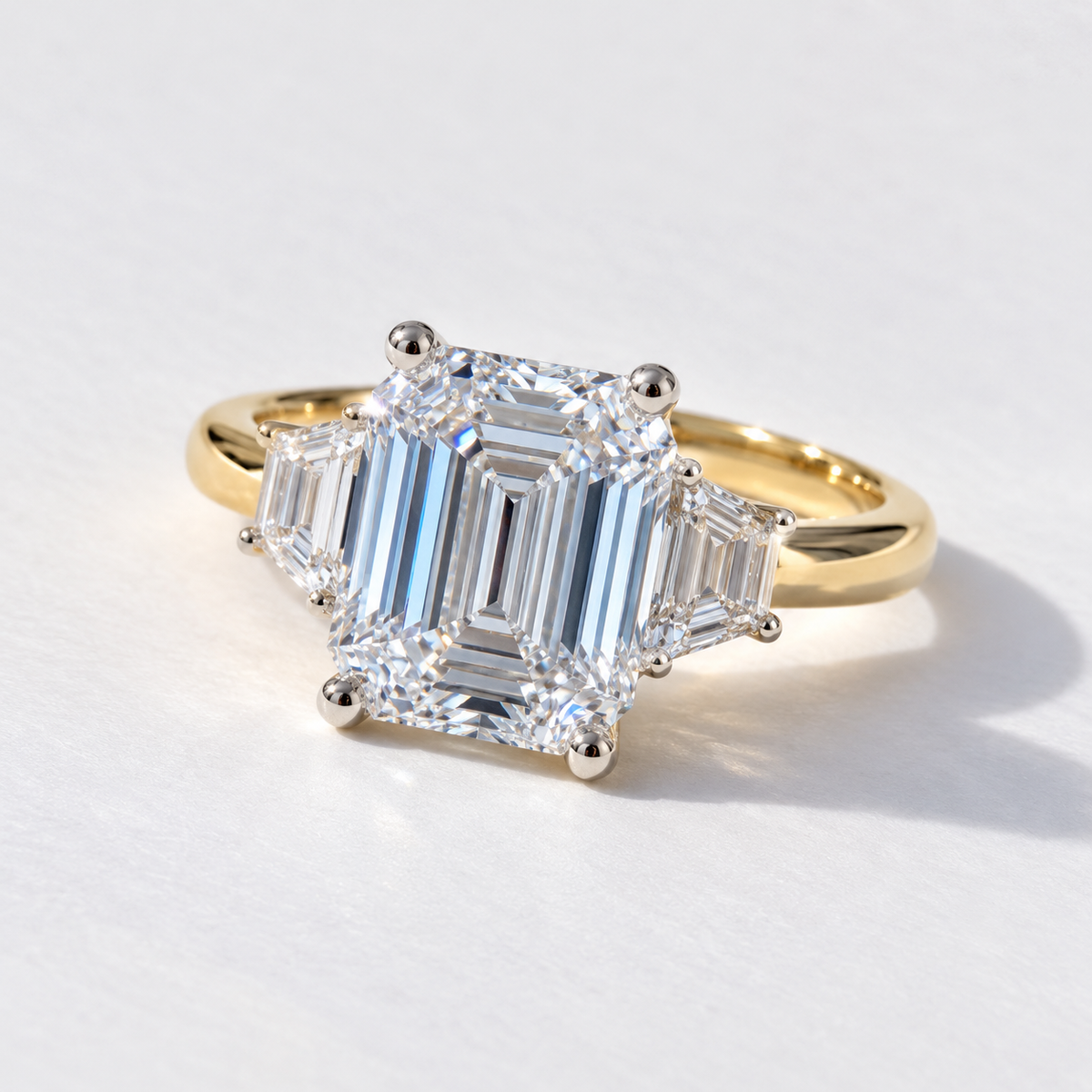 Emerald Cut Lab Grown Diamond Three Stone Engagement Ring, Yellow Gold Step Cut Diamond Ring, Bridal Ring For Her emerald cut