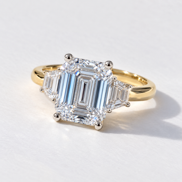Emerald Cut Lab Grown Diamond Three Stone Engagement Ring, Yellow Gold Step Cut Diamond Ring, Bridal Ring For Her emerald cut