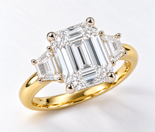 Emerald Cut Lab Grown Diamond Three Stone Engagement Ring, Yellow Gold Step Cut Diamond Ring, Bridal Ring For Her emerald cut