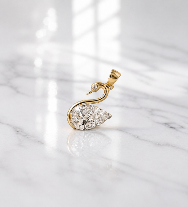 Pear Cut Lab Grown Diamond Swan Pendant, Lab Created Diamond Solitaire Pendant, Yellow Gold Pendant, Gift For Her