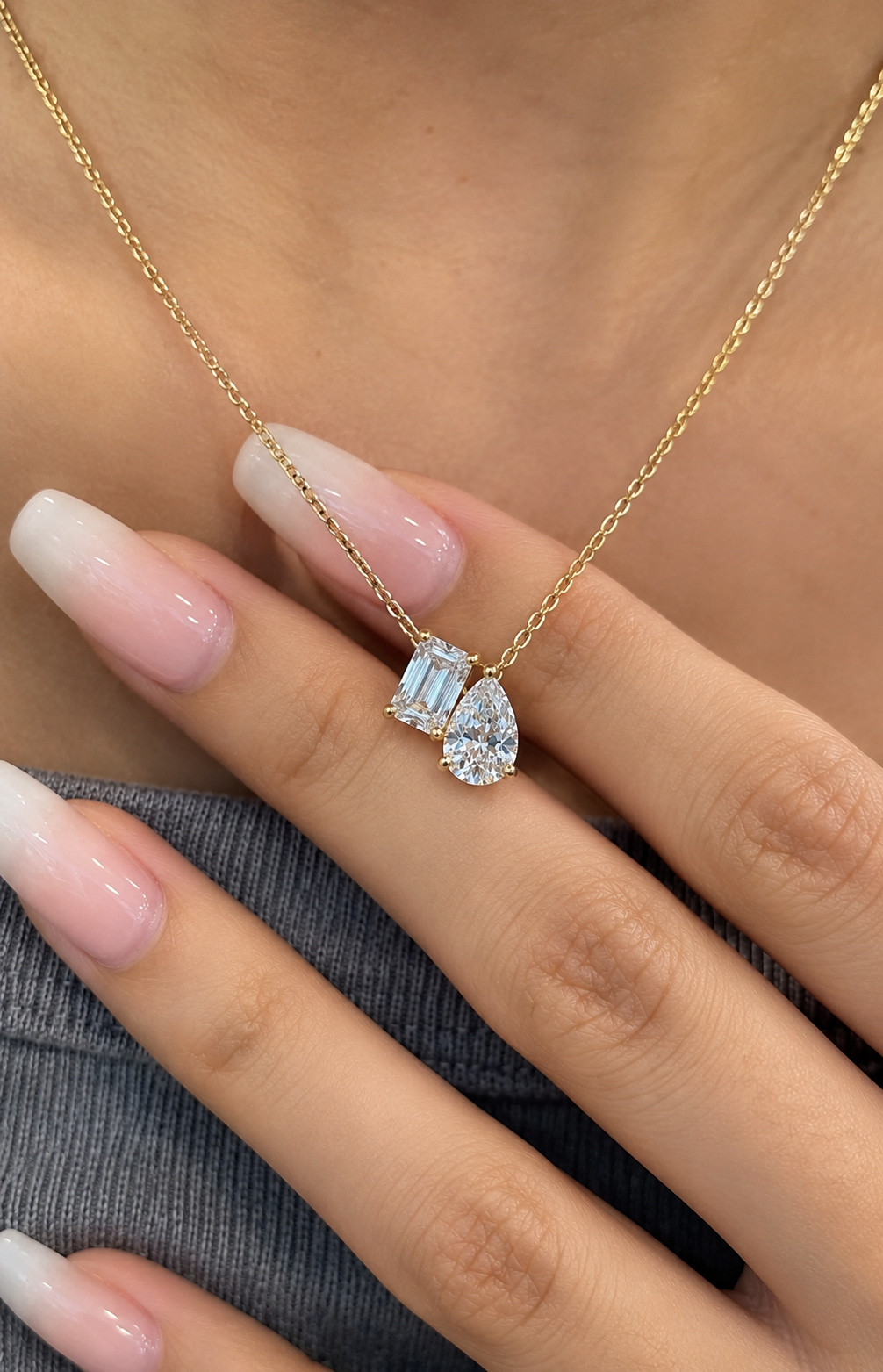 Emerald & Pear Cut Lab Grown Diamond Necklace, Two Stone Diamond Pendant, Yellow Gold Minimalist Necklace For Her