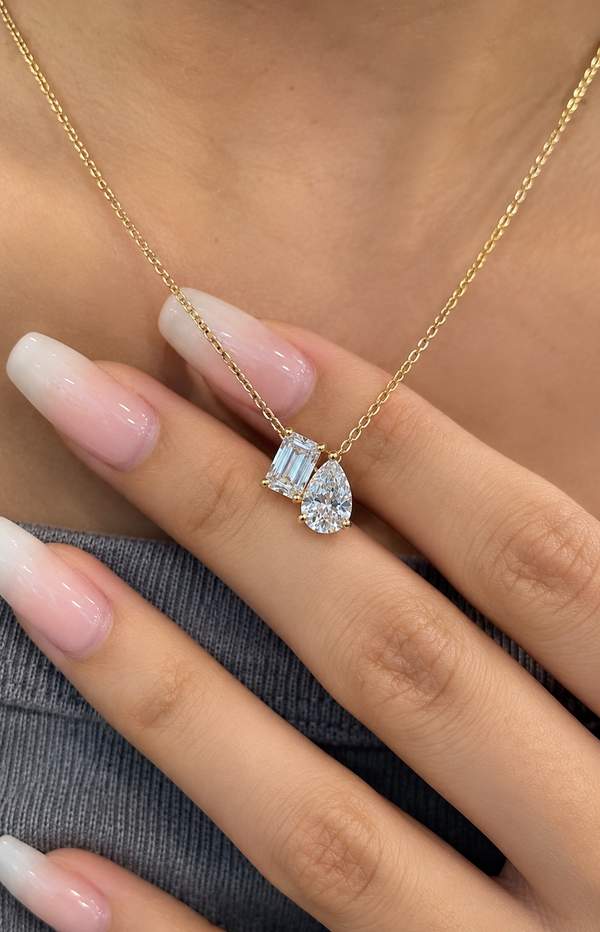 Emerald & Pear Cut Lab Grown Diamond Necklace, Two Stone Diamond Pendant, Yellow Gold Minimalist Necklace For Her