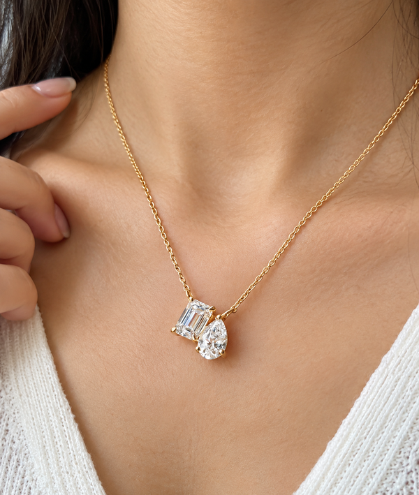 Emerald & Pear Cut Lab Grown Diamond Necklace, Two Stone Diamond Pendant, Yellow Gold Minimalist Necklace For Her