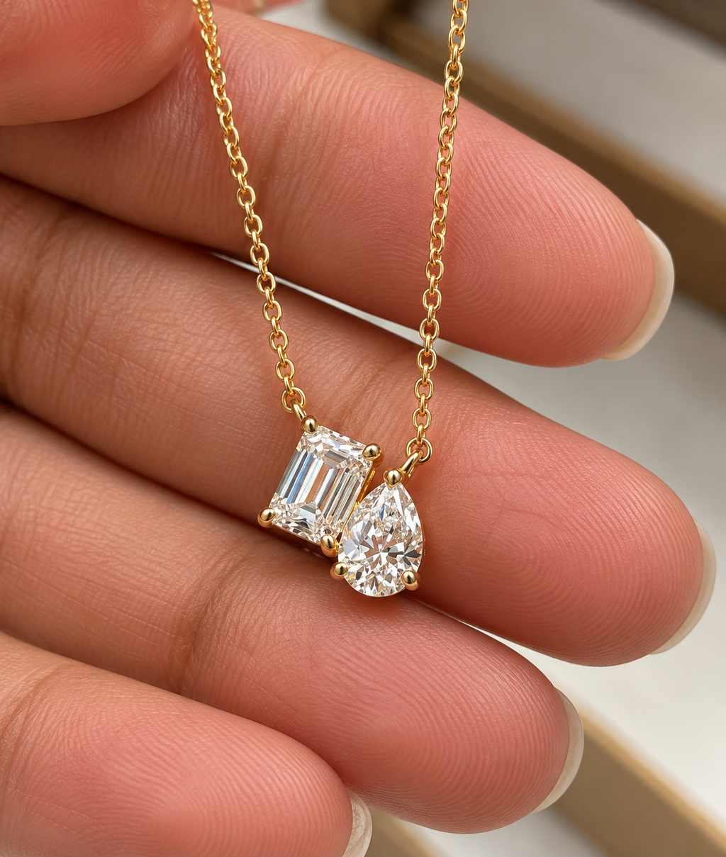 Emerald & Pear Cut Lab Grown Diamond Necklace, Two Stone Diamond Pendant, Yellow Gold Minimalist Necklace For Her