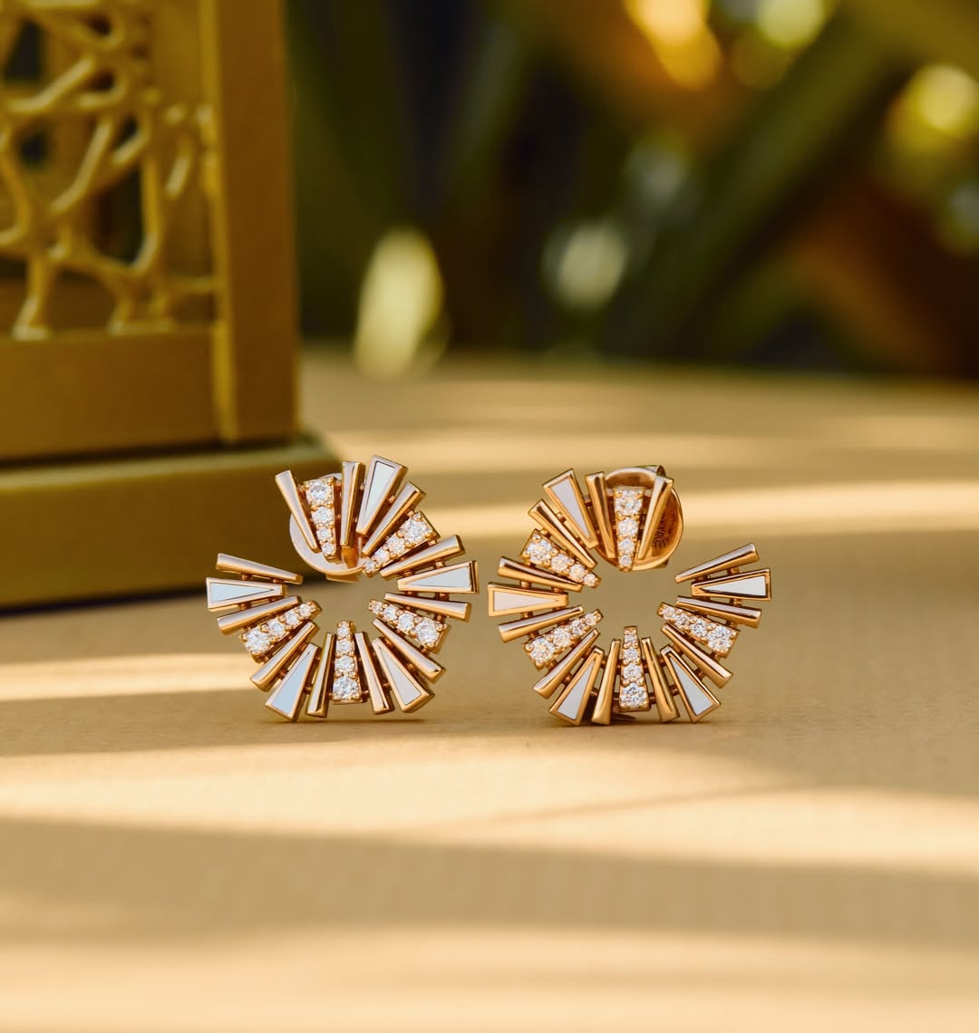 Luxury Diamond Sunburst Stud Earrings with Mother of Pearl in 14K Yellow Gold – Modern Statement Earrings for Women Main image