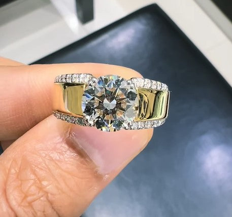 3.00CT Round Lab Diamond Men's Ring, Yellow Gold Statement Wedding Band